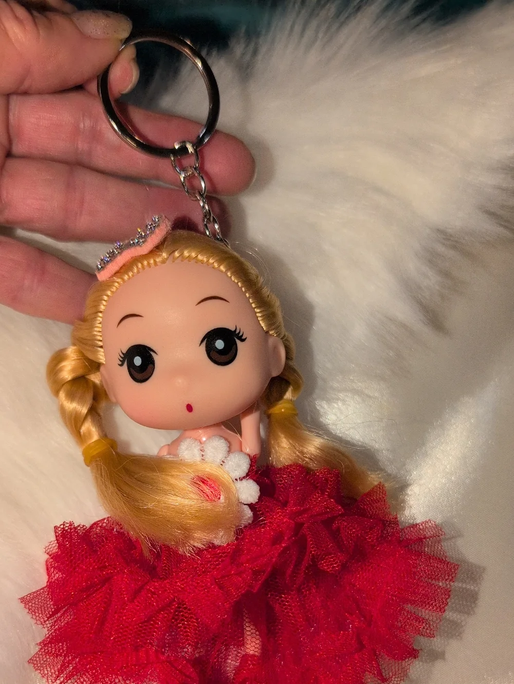 Cute Blonde Doll Keychain with Red Tulle Dress